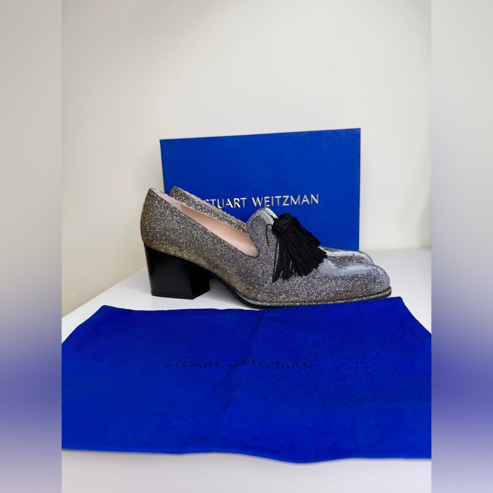Stuart Weitzman Razmataz Metallic Tassel Pump Pyrite 10M Block Heel Glitter New